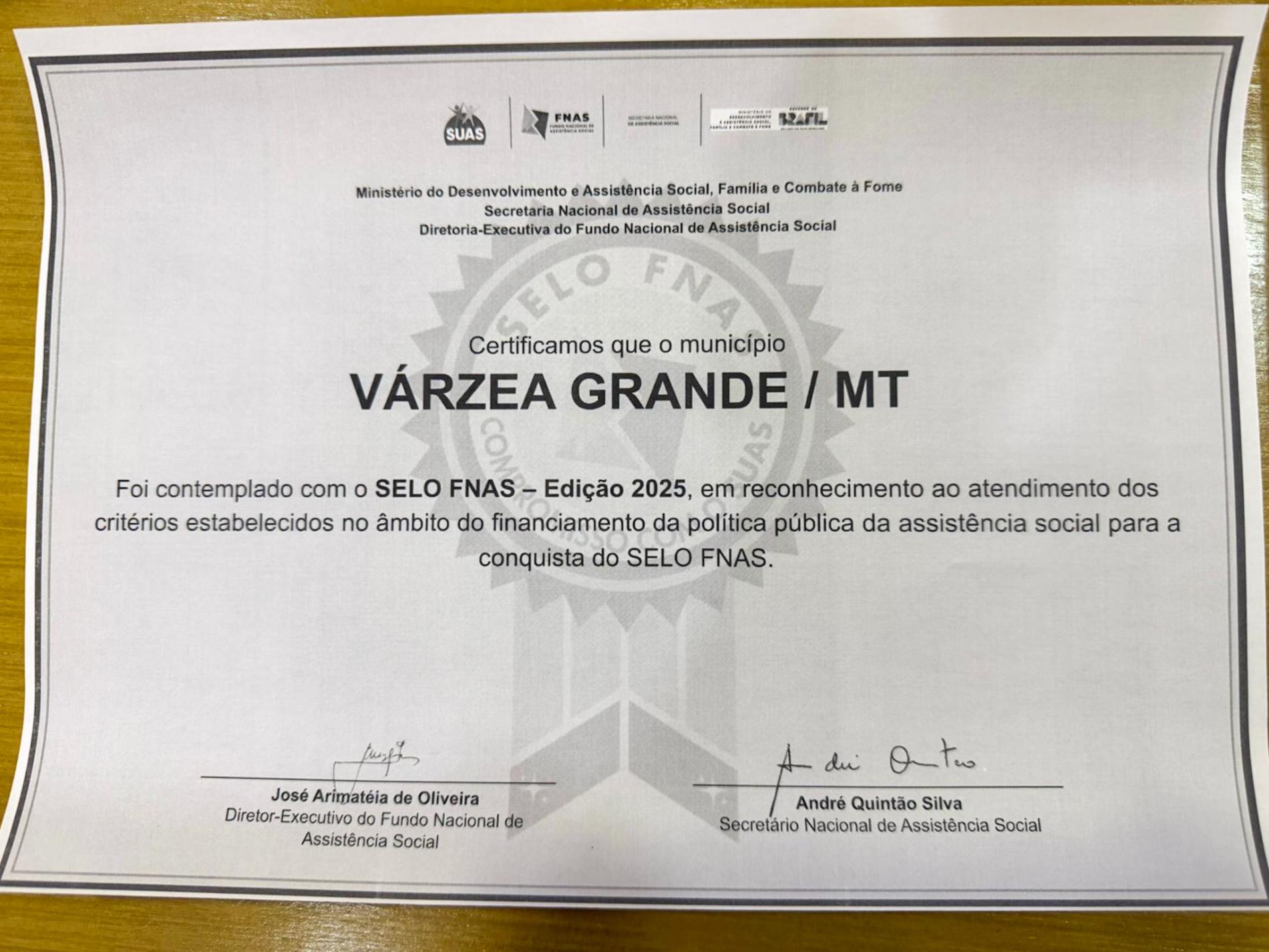 Várzea Grande recebe Selo FNAS 2025 por excelência na gestão da Assistência Social